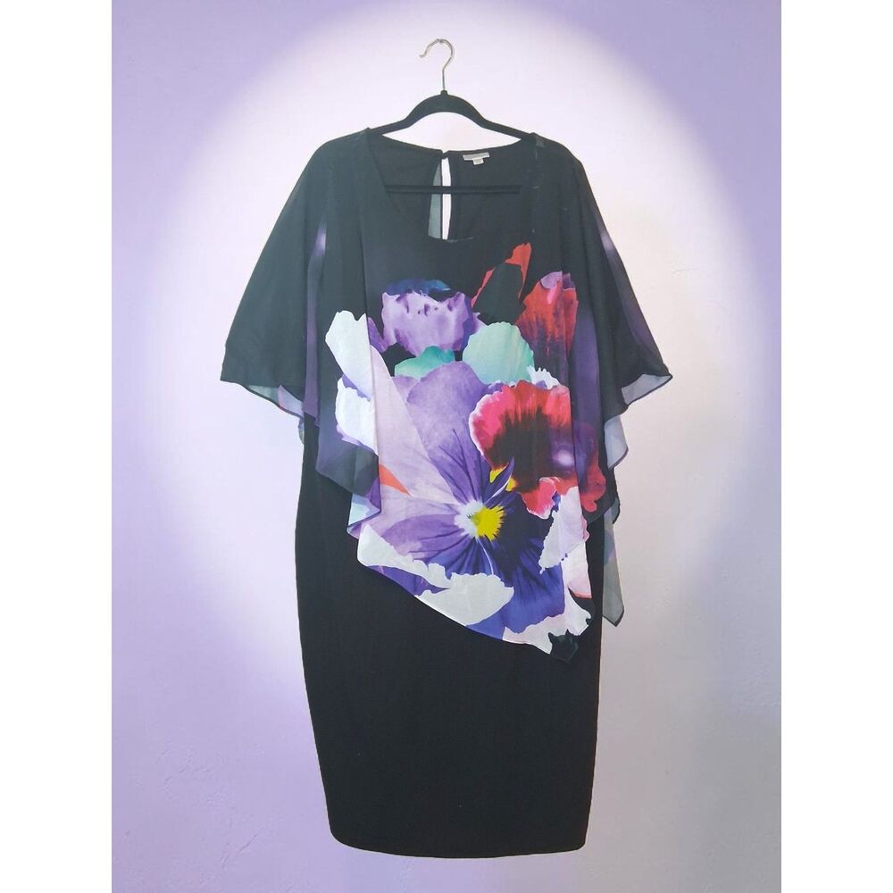 Avenue Plus Size 26/28 Black Floral Overlay Sheath Dress - Chiffon Overlay